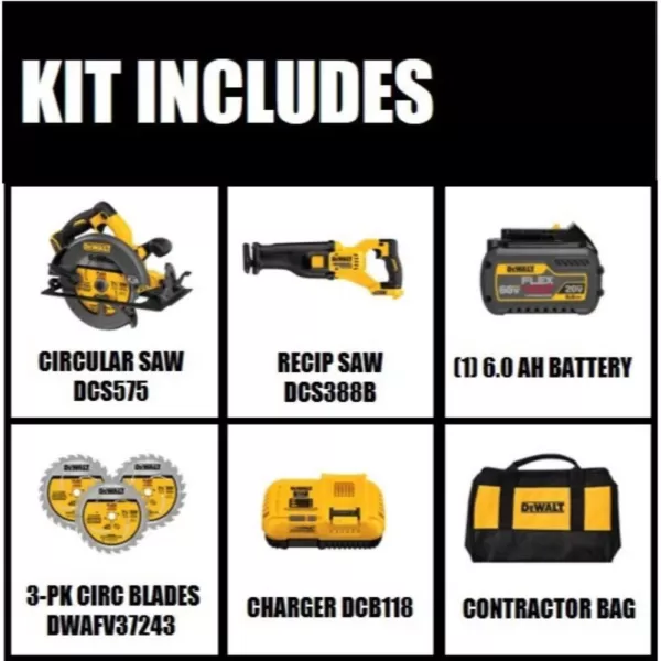 DEWALT FLEXVOLT 60-Volt MAX Cordless Brushless 7-1/4 in. Circular Saw, (1) FLEXVOLT 6.0Ah Battery, Recip Saw &  Circ Blade Set