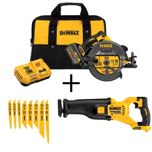 DEWALT FLEXVOLT 60-Volt MAX Cordless Brushless 7-1/4 in. Circular Saw, (1) FLEXVOLT 6.0Ah Battery, Recip Saw & 8-Blade Set