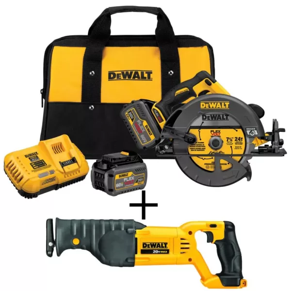 DEWALT FLEXVOLT 60-Volt MAX Cordless Brushless 7-1/4 in. Circular Saw, (2) FLEXVOLT 6.0Ah Batteries & Reciprocating Saw