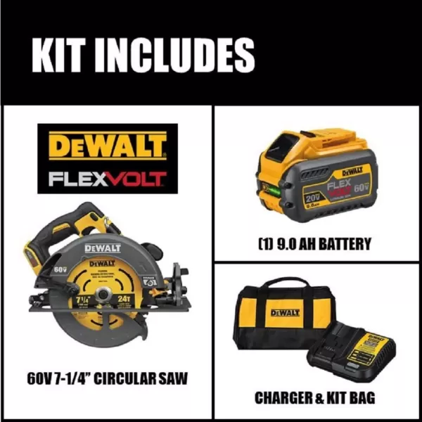 DEWALT FLEXVOLT 60-Volt MAX Cordless Brushless 7-1/4 in. Circular Saw with Brake with (1) FLEXVOLT 9.0Ah Battery