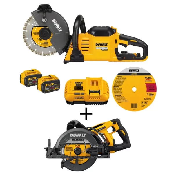 DEWALT FLEXVOLT 60-Volt MAX Brushless 9 in. Cut-Off Construction Saw, (2) FLEXVOLT 9.0Ah Batteries & 7-1/4 in. Circular Saw