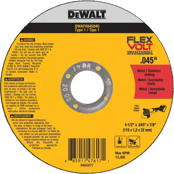 DEWALT FLEXVOLT 4-1/2 in. x 0.045 in. x 7/8 in. Cutting Wheel (5-Pack) Type 1