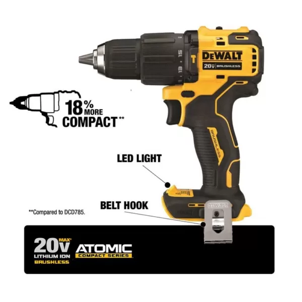 DEWALT ATOMIC 20-Volt MAX Cordless Brushless Compact 1/2 in. Hammer Drill, (2) 20-Volt 1.3Ah Batteries, Charger & Bag