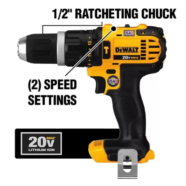 DEWALT 20-Volt MAX Cordless Compact 1/2 in. Hammer Drill/Driver, (2) 20-Volt 1.3Ah Batteries & Mech Tool Set (108-Piece)