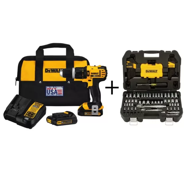 DEWALT 20-Volt MAX Cordless Compact 1/2 in. Hammer Drill/Driver, (2) 20-Volt 1.3Ah Batteries & Mech Tool Set (108-Piece)