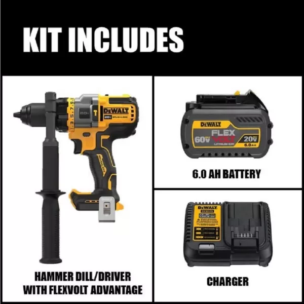 DEWALT 20-Volt MAX Cordless Brushless 1/2 in. Hammer Drill/Driver with FLEXVOLT ADVANTAGE with (1) FLEXVOLT 6.0Ah Battery Kit