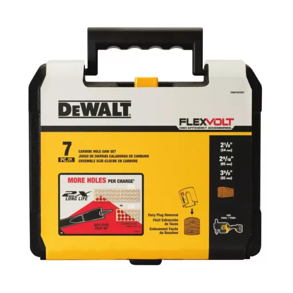 DEWALT FLEXVOLT Carbide Wood Hole Saw Set (7-Piece) with 3 Hole Saws, 3 Carbide Pilot Bits, Mandrel and Case