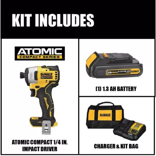 DEWALT ATOMIC 20-Volt MAX Cordless Brushless Compact 1/4 in. Impact Driver, (1) 20-Volt 1.3Ah Battery, Charger & Bag