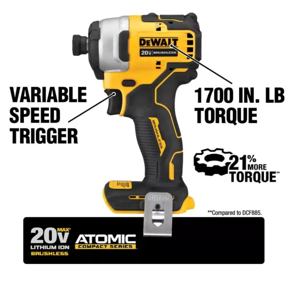 DEWALT ATOMIC 20-Volt MAX Cordless Brushless Compact 1/4 in. Impact Driver, (2) 20-Volt 1.3Ah Batteries, Charger & Bag