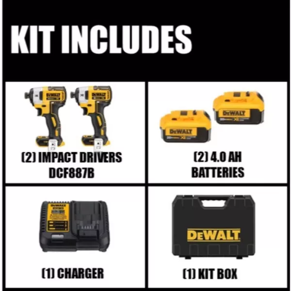 DEWALT 20-Volt MAX XR Lithium-Ion Cordless Brushless 1/4 in. Impact Driver, 2 Batteries 4 Ah, Charger, and Free Impact Driver