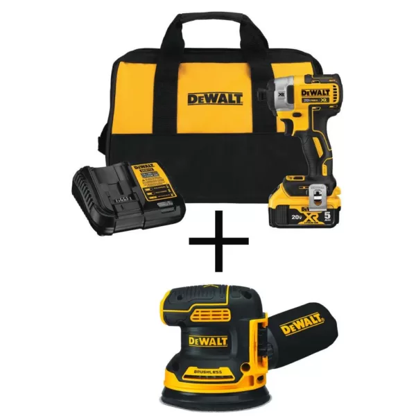 DEWALT 20-Volt MAX XR Cordless Brushless 3-Speed 1/4 in. Impact Driver, (1) 20-Volt 5.0Ah Battery & 5 in. Random Orbital Sander