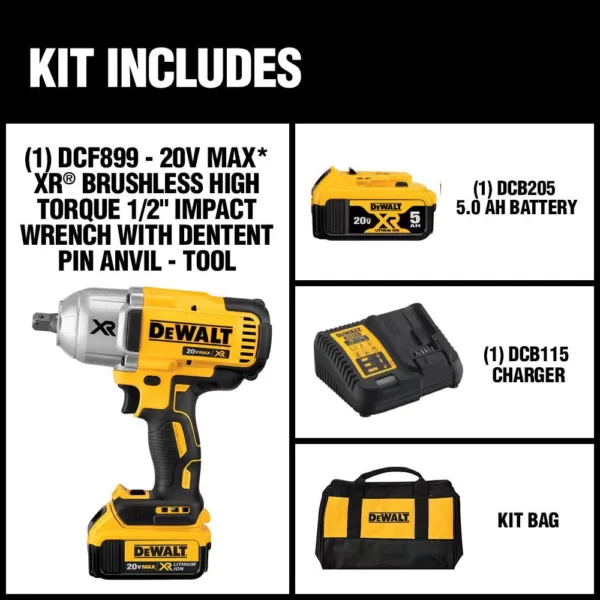 DEWALT 20-Volt MAX XR Cordless Brushless 1/2 in. High Torque Impact Wrench with Detent Pin Anvil, (1) 20-Volt 5.0Ah Battery