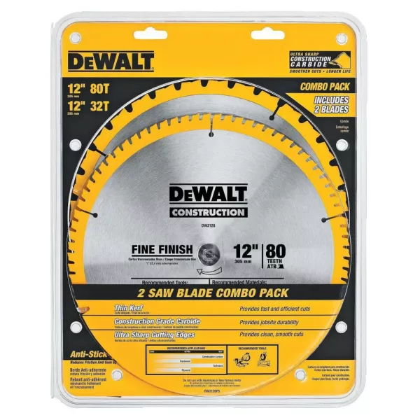 DEWALT 15 Amp Corded 12 in. Compound Single Bevel Miter Saw with 12 in. Miter Saw Blade 32-Teeth and 80-Teeth (4-Pack)