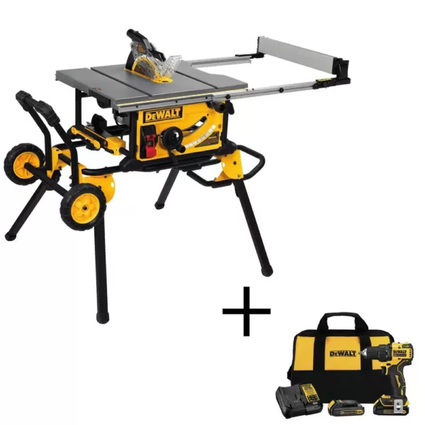 DEWALT 15 Amp Corded 10 in. Job Site Table Saw with Rolling Stand and Bonus Atomic 20-Volt Lithium-Ion 1/2 in. Drill Driver Kit