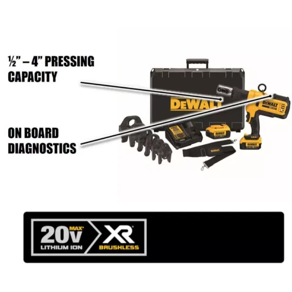 DEWALT 20-Volt MAX Cordless Press Tool, (6) Press Jaws Sized 1/2 in. to 2 in., (2) 20-Volt 4.0Ah Batteries & Charger