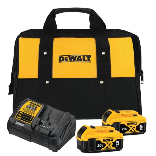 DEWALT 20-Volt MAX XR Premium Lithium-Ion 5.0Ah Battery Pack (2-Pack), Charger & Kit Bag