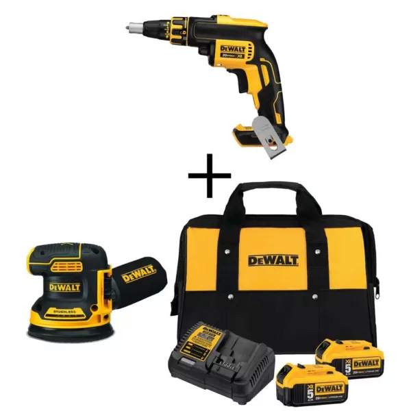 DEWALT 20-Volt MAX XR Cordless Brushless Drywall Screw Gun with (2) 20-Volt 5.0Ah Batteries & 5 in. Random Orbital Sander