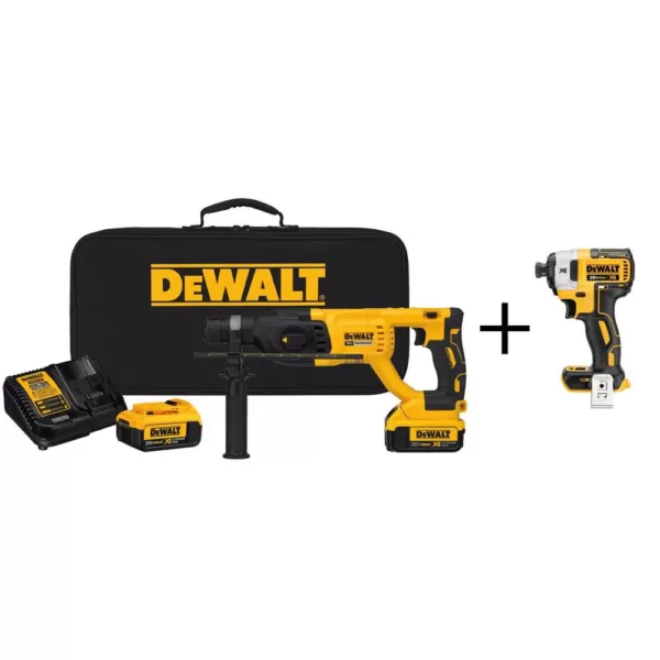 DEWALT 20-Volt MAX Cordless Brushless 1 in. SDS Plus D-Handle Rotary Hammer,(2) 20-Volt 4.0Ah Batteries & 1/4 in. Impact Driver