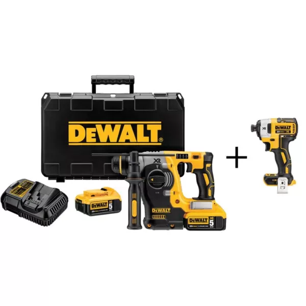 DEWALT 20-Volt MAX XR Brushless 1 in. SDS Plus L-Shape Rotary Hammer, (2) 20-Volt 5.0Ah Batteries & 1/4 in. Impact Driver