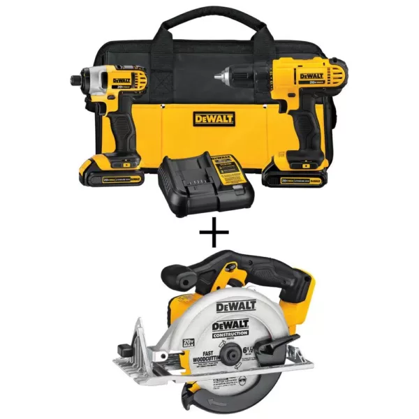 DEWALT 20-Volt MAX Cordless Drill/Impact Combo Kit (2-Tool) with (2) 20-Volt 1.3Ah Batteries, Charger & 6-1/2 in. Circular Saw