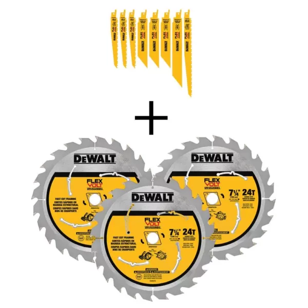 DEWALT FLEXVOLT Bi-Metal Reciprocating Saw Blade Set (8-Piece) w/ Bonus 7-1/4 in. 24-Teeth Carbide Circular Saw Blade (3-Pack)