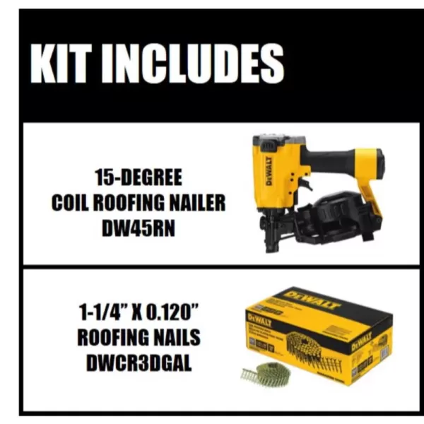 DEWALT Pneumatic 15-Degree Coil Roofing Nailer w/Bonus 1-1/4 in. x 0.120 Gal. Galvanized Steel Coil Roofing Nails (7,200-Pack)