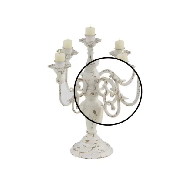 LITTON LANE Distressed White Iron Scroll 5-Light Candelabra