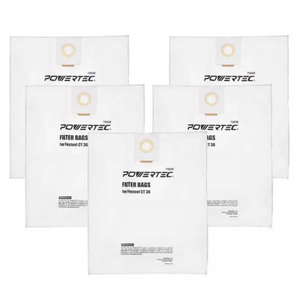 POWERTEC Self-Cleaning Filter Replacement Bag for Festool CT 36 (5-Pack)