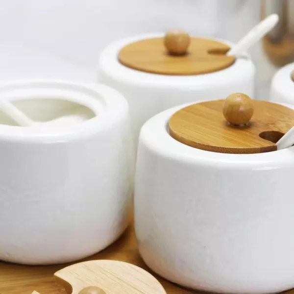 Elama Ceramic Condiment Jars with Bamboo Lids & Serving Spoons