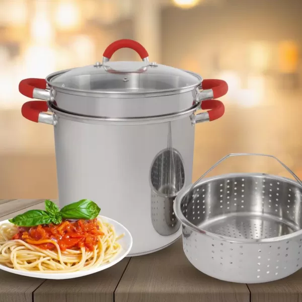 ExcelSteel 12 Qt. Stainless Steel Multi-Cooker Pasta Pot with Lid and Red Silicone Handles