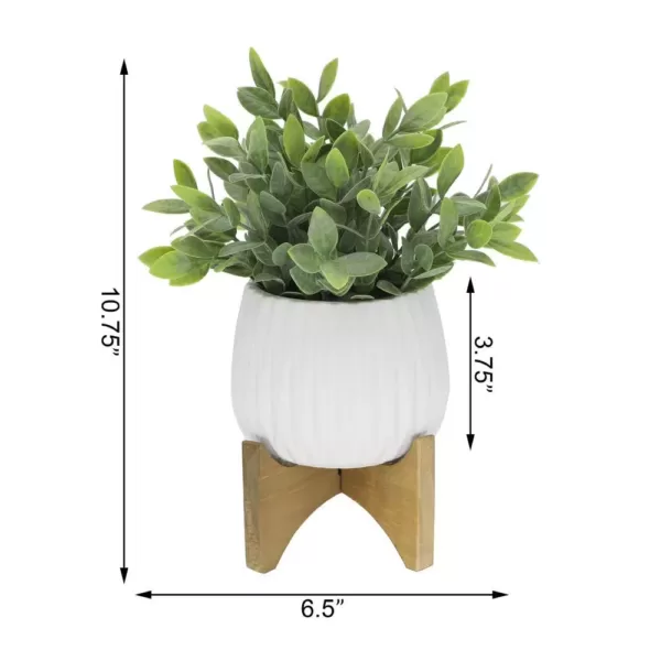 Flora Bunda 10.75 in. Tea Leaf in Matt White Ridge Pattern Ceramic Planter on Wood Stand