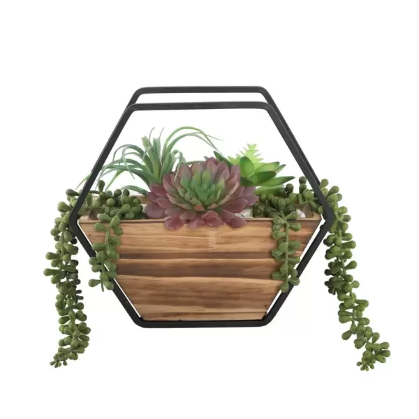 Flora Bunda 11 in. Hexagon Wood and Metal Wall Faux Succulents Mix