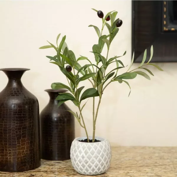 Flora Bunda 14 in. Faux Olive Branch in 4 in White Pineapple Pattern Cement Pot