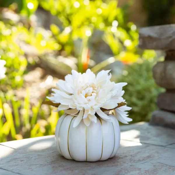 Flora Bunda 5 in. H Fall Harvest Artificial Plant Cream White Faux Mums in 4 in. Cream Ceramic Pumpkin Pot with Gold Line