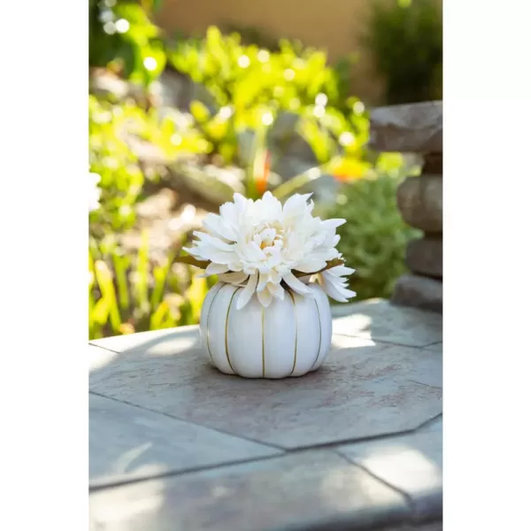 Flora Bunda 5 in. H Fall Harvest Artificial Plant Cream White Faux Mums in 4 in. Cream Ceramic Pumpkin Pot with Gold Line