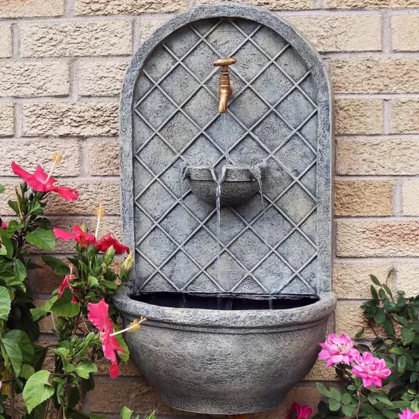 Sunnydaze Decor Messina Resin French Limestone Solar Outdoor Wall Fountain with Battery Backup