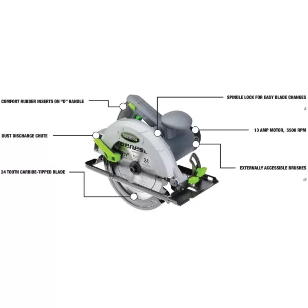 Genesis 13 Amp 7-1/4 in. Circular Saw with Metal Lower Guard, Spindle Lock, 24T Blade, Rip Guide and Blade Wrench