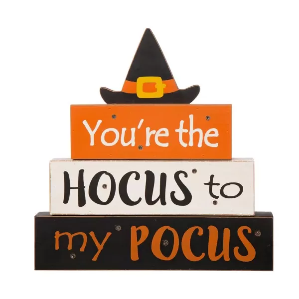 Glitzhome 11.54 in. H Halloween Wooden Lighted Witch/Word Block Table Decor