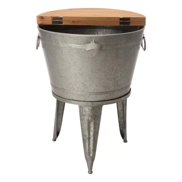 Glitzhome 26.29 in. H Gray Galvanized Beverage Tub with Metal Stand or Accent Table with Firwood Lid