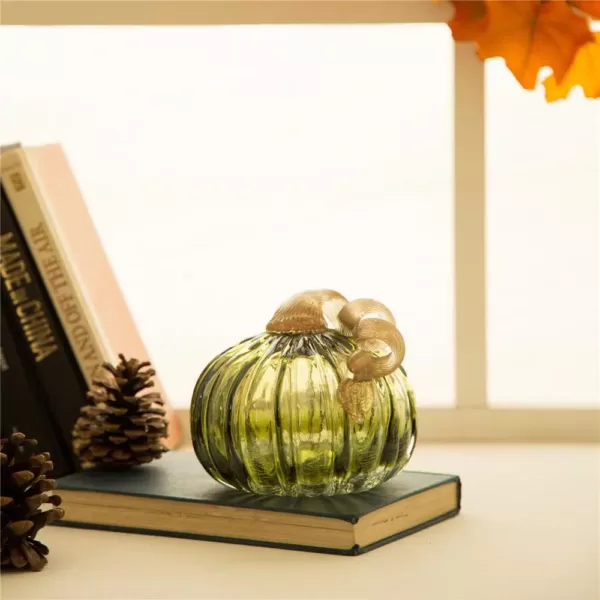 Glitzhome 5.91 in. D x 4.72 in. H Green Crackle Glass Short Pumpkin