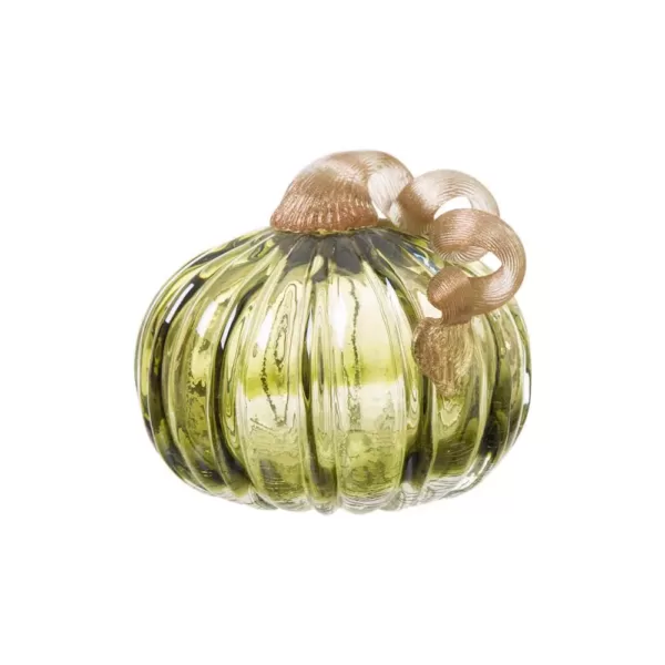 Glitzhome 5.91 in. D x 4.72 in. H Green Crackle Glass Short Pumpkin