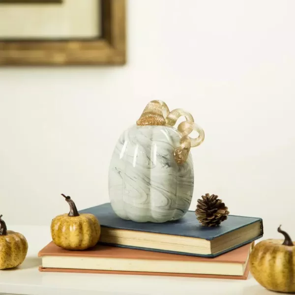 Glitzhome 5.71 in. H Gray Marble Tall Glass Pumpkin