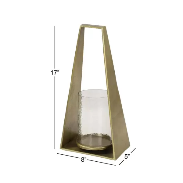 LITTON LANE Large Modern Triangular Gold Metal Candle Holder with Hurricane Glass