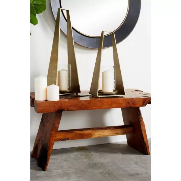 LITTON LANE Large Modern Triangular Gold Metal Candle Holder with Hurricane Glass