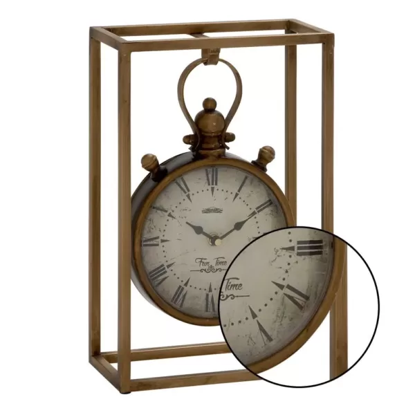 LITTON LANE 13 in. x 9 in. Round Iron Table Clock with Rectangular Iron Frame