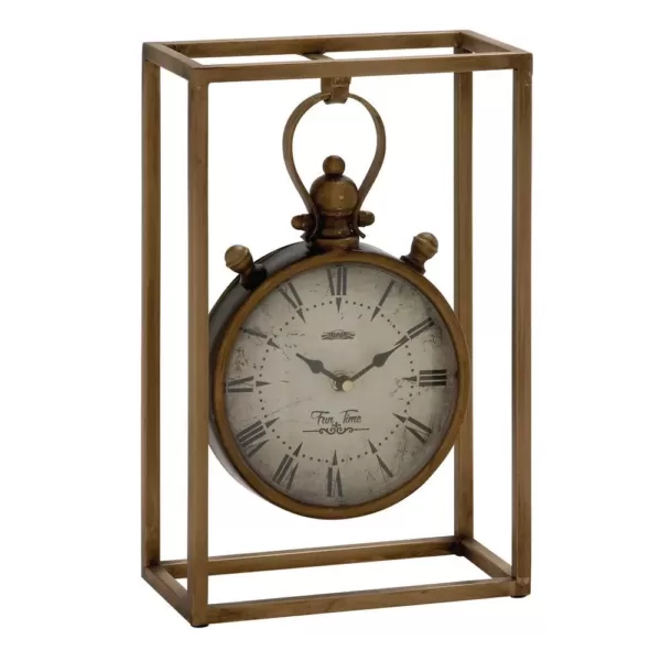 LITTON LANE 13 in. x 9 in. Round Iron Table Clock with Rectangular Iron Frame