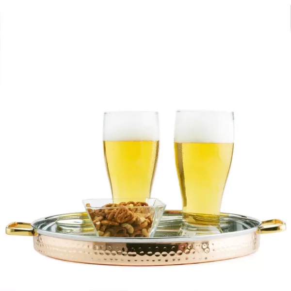 Old Dutch 12 in. 2 PLY Solid Copper / Stainless Steel Hammered Round Tray with Brass Handles