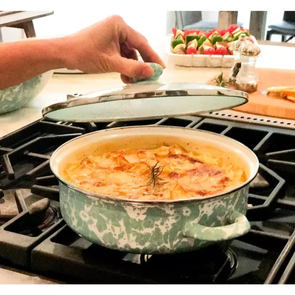 Golden Rabbit Enamelware 5 qt. Porcelain-Coated Steel Saute Pan in Grey Swirl with Glass Lid