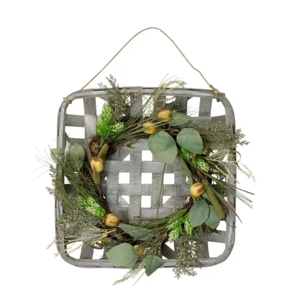 Northlight 16 Autumn Harvest Green Hop and Cattail Grapevine Wreath in a Wooden Tray Hanger