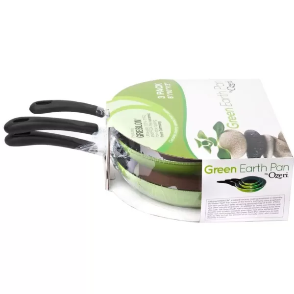 Ozeri Green Earth 3-Piece Aluminum Ceramic Nonstick Frying Pan Set in Green